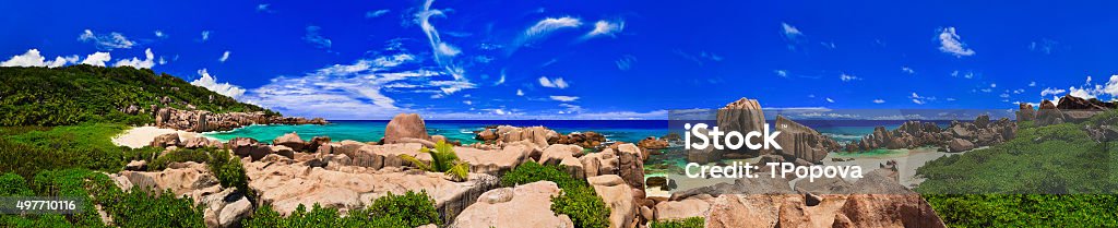 Panorama of tropical beach at Seychelles Panorama of tropical beach at Seychelles - nature background 2015 Stock Photo