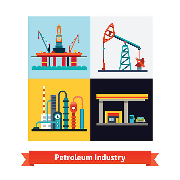 crude oil extraktion, verfeinernden verkauf business - oil rig oil industry sea oil stock-grafiken, -clipart, -cartoons und -symbole