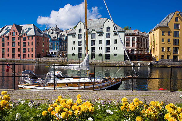 flowers growing at the streets of famous norwegian town Alesund