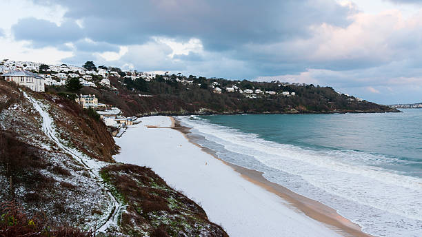 Carbis Bay beach with snow near St Ives in Cornwall
