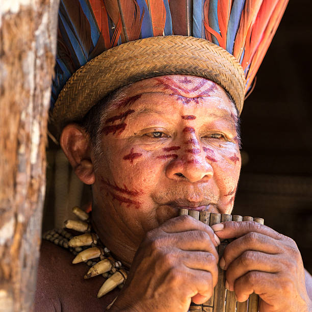 istock Native Brazilian old man playing wooden flute 497710482