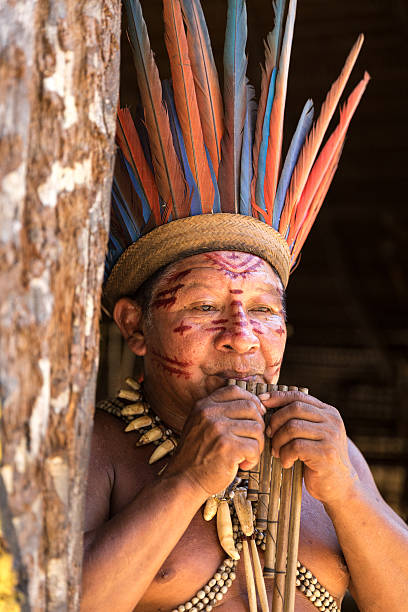 istock Native Brazilian old man playing wooden flute 497710592
