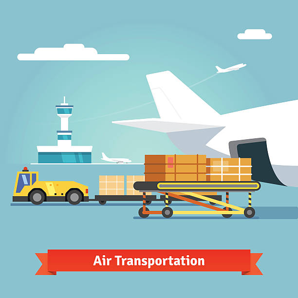 Loading boxes to flight aircraft Loading boxes to a preparing to flight aircraft with platform of air freight. Air cargo transportation concept. Flat style illustration. cargo container stock illustrations