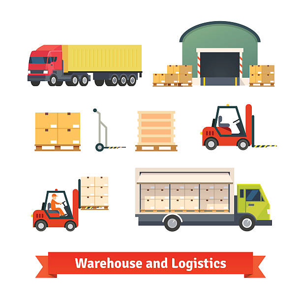 ilustrações, clipart, desenhos animados e ícones de estoque do depósito, logística caminhão - distribution warehouse men three dimensional shape delivering