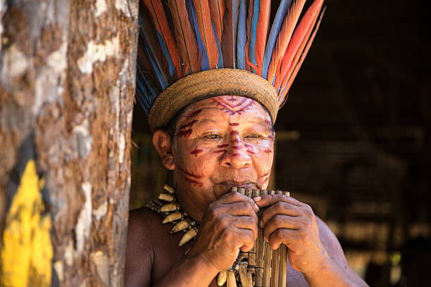istock Native Brazilian old man playing wooden flute 497710740