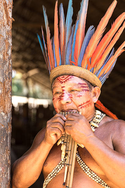 istock Native Brazilian old man playing wooden flute 497710888