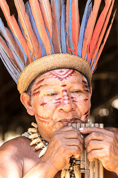 istock Native Brazilian old man playing wooden flute 497710948