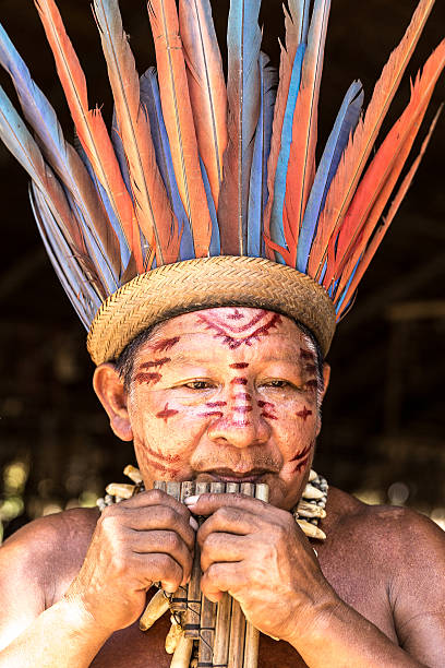 istock Native Brazilian old man playing wooden flute 497710998