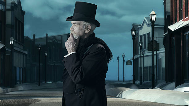 istock Dickens Scrooge Man in Old Winter Street. Side View. 497713166