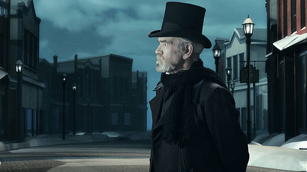 istock Dickens Scrooge Man in Old Winter Street. Side View. 497713186