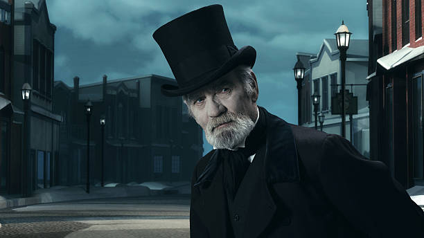 istock Dickens Scrooge Man in Old Winter Street. 497713300