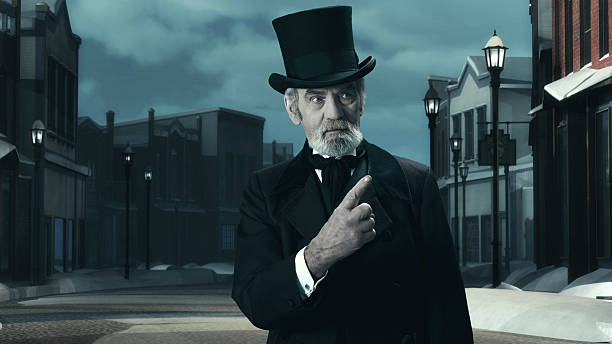 istock Dickens Scrooge Man in Old Winter Street. Pointing FInger. 497713336