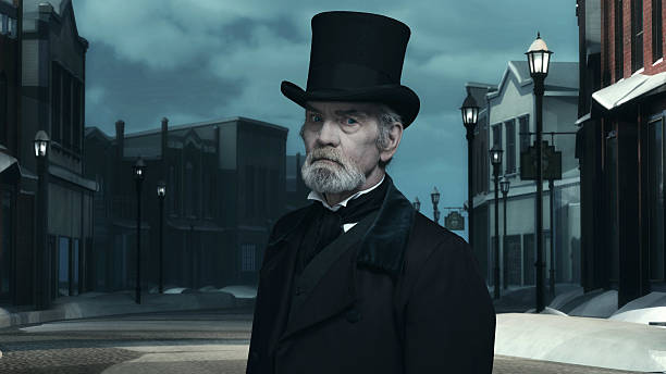 istock Dickens Scrooge Man in Old Winter Street. 497713370