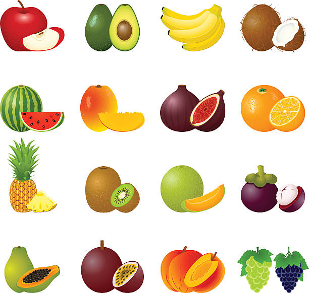 ilustraciones, imágenes clip art, dibujos animados e iconos de stock de conjunto de iconos de frutas - kiwi vegetable cross section fruit