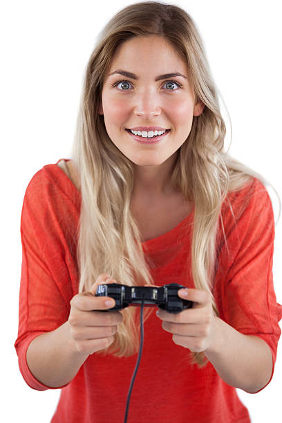 istock Blonde woman playing video games 497714721
