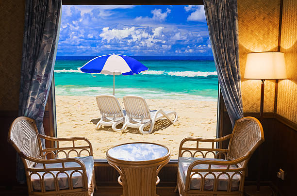 istock Hotel room and beach landscape 497715200