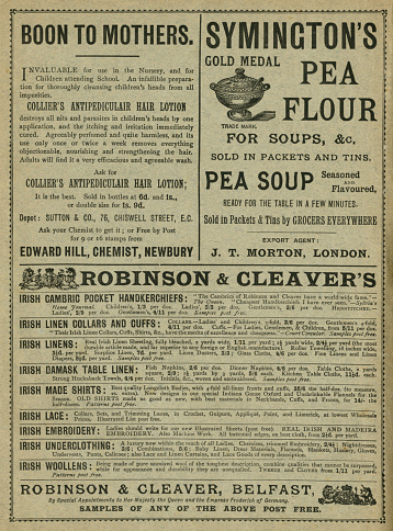London, England - January 4, 2015: Three advertisements, for head lice killer lotion, pea soup and flour, and haberdashery, from “Chats About Sailors” by “Mercie Sunshine” (a pseudonym), published by Ward, Lock & Bowden Limited in the 1890s. (The company of Ward Lock traded as Ward, Lock & Bowden Limited from 1893-1897 so the book was published between those dates.) Image scanned 4 January 2015 and modified 14 November 2015. 