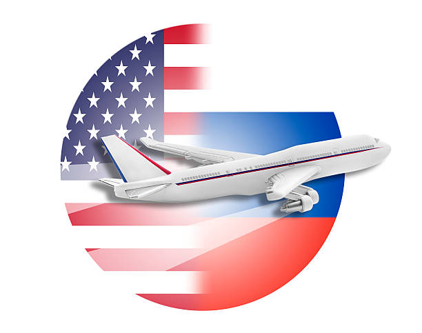 istock Plane, United States and Russia flags 497715612