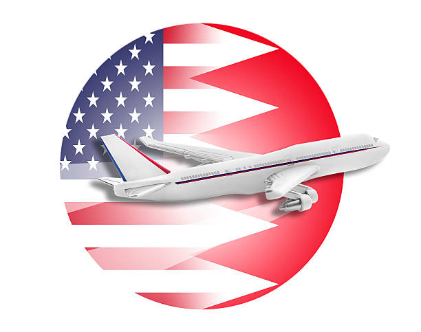 istock Plane, United States and Bahrain flags 497716102
