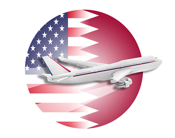 istock Plane, United States and Qatar flags 497716224