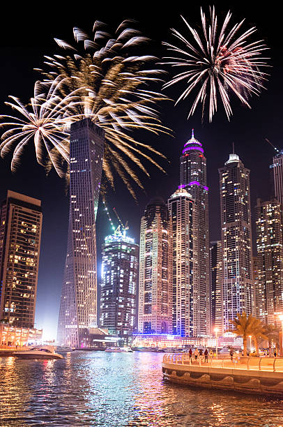 istock Dubai marina skyline with fireworks for the new year 497740492