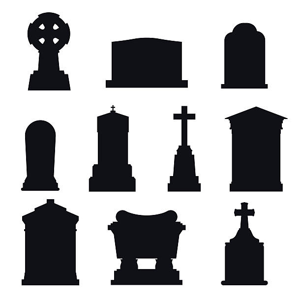 ilustrações de stock, clip art, desenhos animados e ícones de túmulos pedra grave de construção de vetor preto e branco ícones - spooky cemetery single flower flower