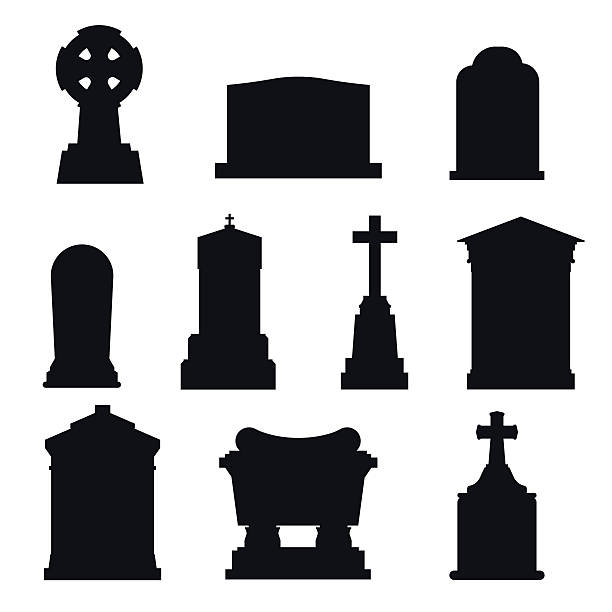 Tombs stone grave vector construction black and white icons Tombs stone grave vector construction black and white icons. Vector tombs icons isolated. Tombs stone grave for dead people. Traditional tombs stone graves from different country. Tombs illustration horror world stock illustrations