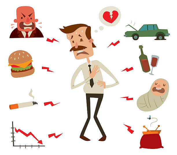 ilustraciones, imágenes clip art, dibujos animados e iconos de stock de caballero problemas cardíacos. empresario los factores de riesgo - pain heart attack heart shape healthcare and medicine