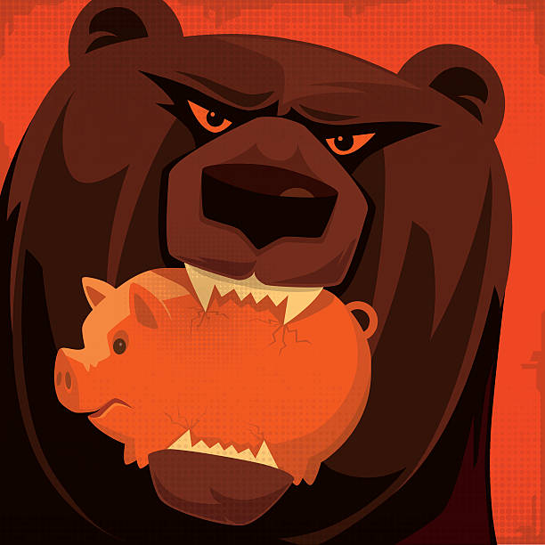 ilustrações, clipart, desenhos animados e ícones de grizzly mordendo piggy bank - bear market finance business cartoon