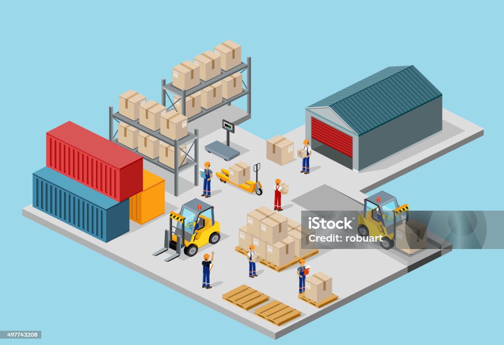 Icon 3d Isometric Process of the Warehouse Icon 3d isometric process of the warehouse. Warehouse interior, logisti and factory, warehouse building, warehouse exterior, business delivery, storage cargo illustration Isometric Projection stock vector