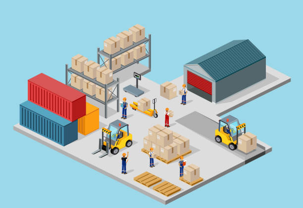 Icon 3d Isometric Process of the Warehouse Icon 3d isometric process of the warehouse. Warehouse interior, logisti and factory, warehouse building, warehouse exterior, business delivery, storage cargo illustration cargo container stock illustrations