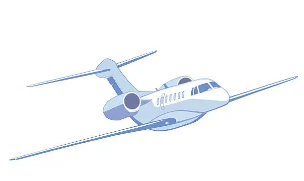 Vector illustration of Flying private jet. Isolated on white. Front view.