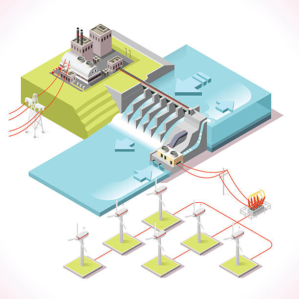ilustraciones, imágenes clip art, dibujos animados e iconos de stock de energía 15 infografía isométricos - hydroelectric power