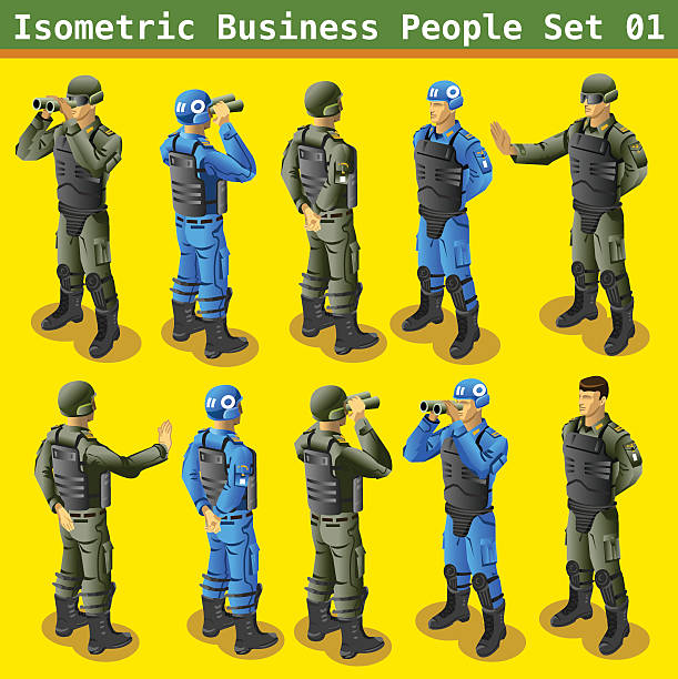 Soldier 01 People Isometric Isometric Soldier in Realistic Poses and Gestures. Militar People 3D Flat Isometric Set shooting guard stock illustrations