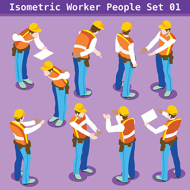 Construction 01 People Isometric Construction Worker Collection. Blue Collar Male People in Unique Isometric Realistic Poses. NEW bright palette 3D Flat Vector Icon Set. Assemble your Own 3D World manufacturing occupation stock illustrations