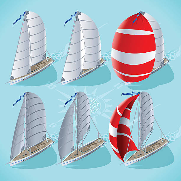 illustrazioni stock, clip art, cartoni animati e icone di tendenza di barca a vela set 01 veicolo isometrici - isometric nautical vessel yacht sailboat