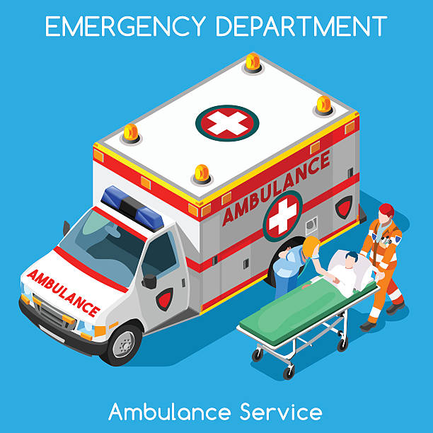 Hospital 18 People Isometric Clinic Emergency Department Ambulance Service. First Aid and Hospitalization Set. Adult Patient on Stretcher carried by Hospital Staff. NEW bright palette 3D Flat Vector People hospital emergency stock illustrations