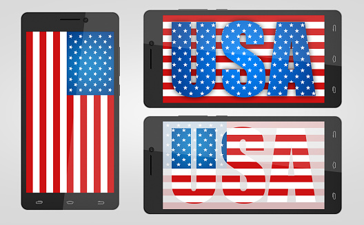 United States flag on smartphone screen isolated on white. Three variants of the symbolism USA, in the phone. Illustration of the phone with USA flag.