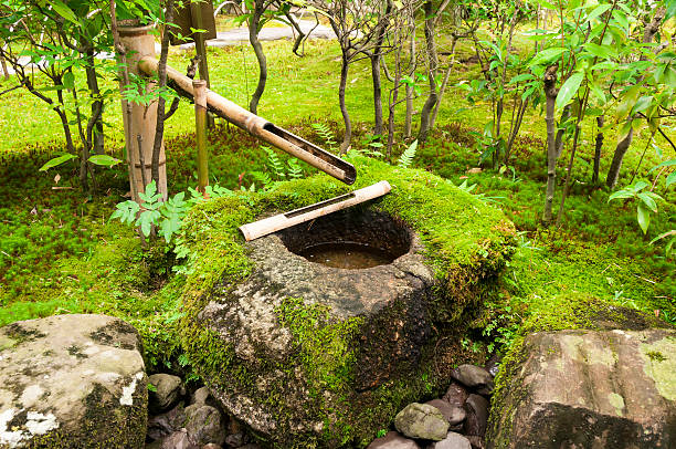 Traditional japanese drinking water pipe and dipper in Japanese garden.