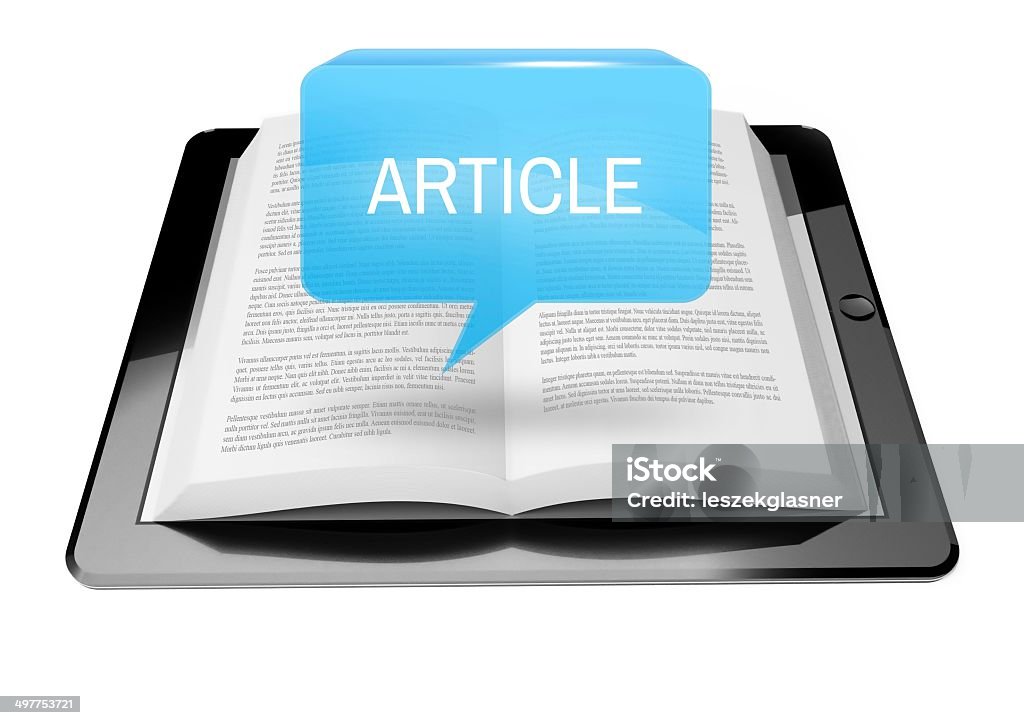 Article icon button above ebook reader tablet Article icon button above ebook reader tablet with text Article Stock Photo