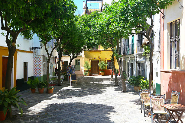Little square of Barrio de Santa Cruz, Sevilla stock photo