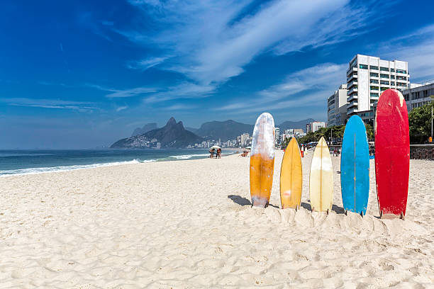 istock Surfboards standing in bright sun on the Ipanema Beach 497755849