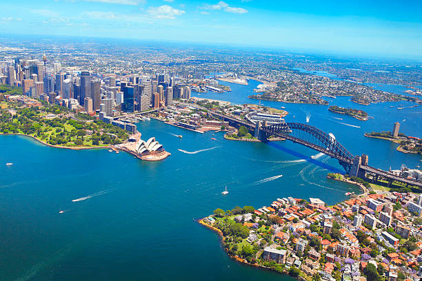 aerial view of sydney - sydney australia sydney harbor bridge opera house sydney opera house стоковые фото и изображения