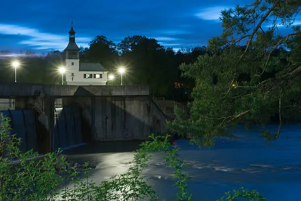 The Hydropower Plant Hochablass at the Cow Lake at Night in Augsburg