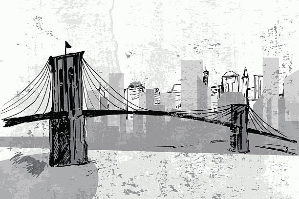 ilustraciones, imágenes clip art, dibujos animados e iconos de stock de puente de brooklyn-dibujados a mano dibujo vectorial - new york city skyline bridge brooklyn