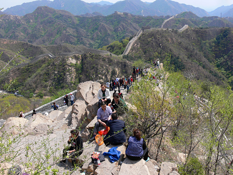 Beijing, China - April 21, 2014: Great Wall at  Badaling. People are climbing the Great Wall.This wall is the longest wall in the world. Located in China.