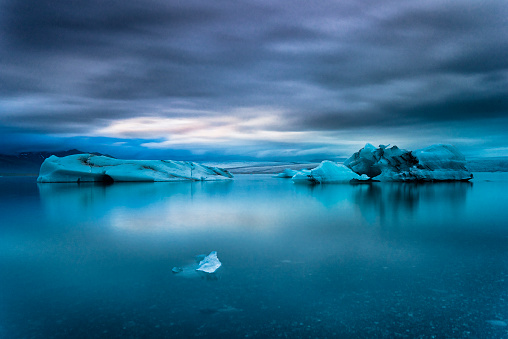 Icebergs floating in Jokulsarlon glacier lake. South Iceland.