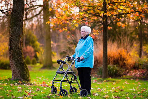 Senior lady with a walker in autumn park Happy senior handicapped lady with a walking disability enjoying a walk in an autumn park pushing her walker or wheel chair. Aid and support during retirement. Patient of nursing home or care center. mobility walker stock pictures, royalty-free photos & images