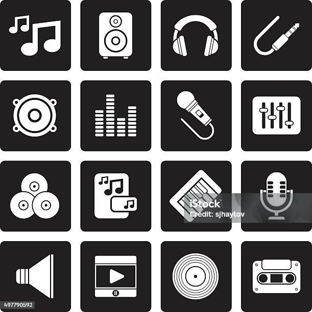 Black Music Sound And Audio Icons Stock Illustration - Download Image Now - 2015, Arts Culture and Entertainment, Audio Cassette