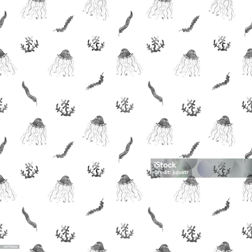 Algae and jellyfishes watercolor seamless pattern in black and white Sea seamless pattern on white background 2015 stock illustration